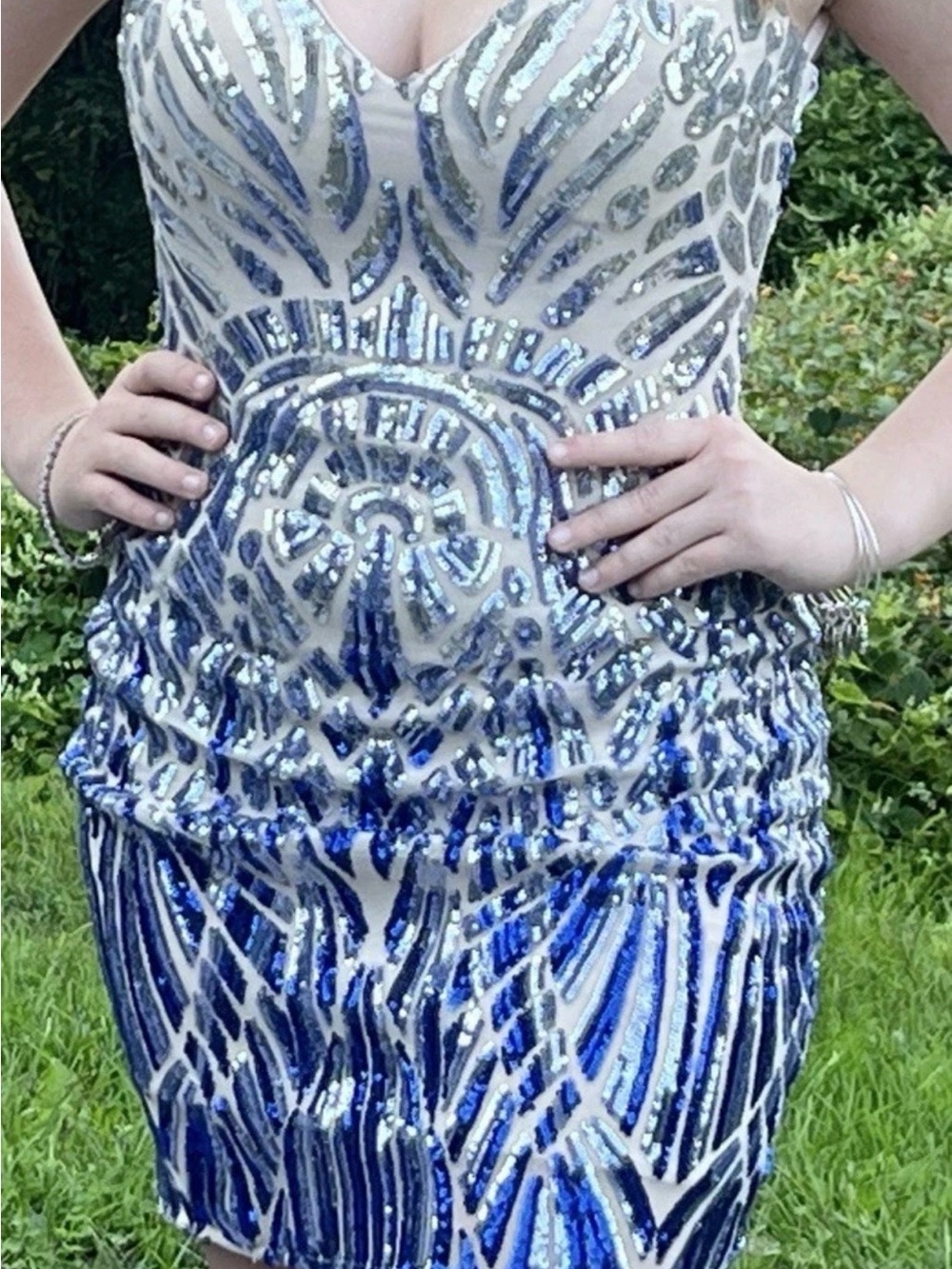 Jovani Sequin Beaded Illusion Cocktail Dress in Blue and Silver